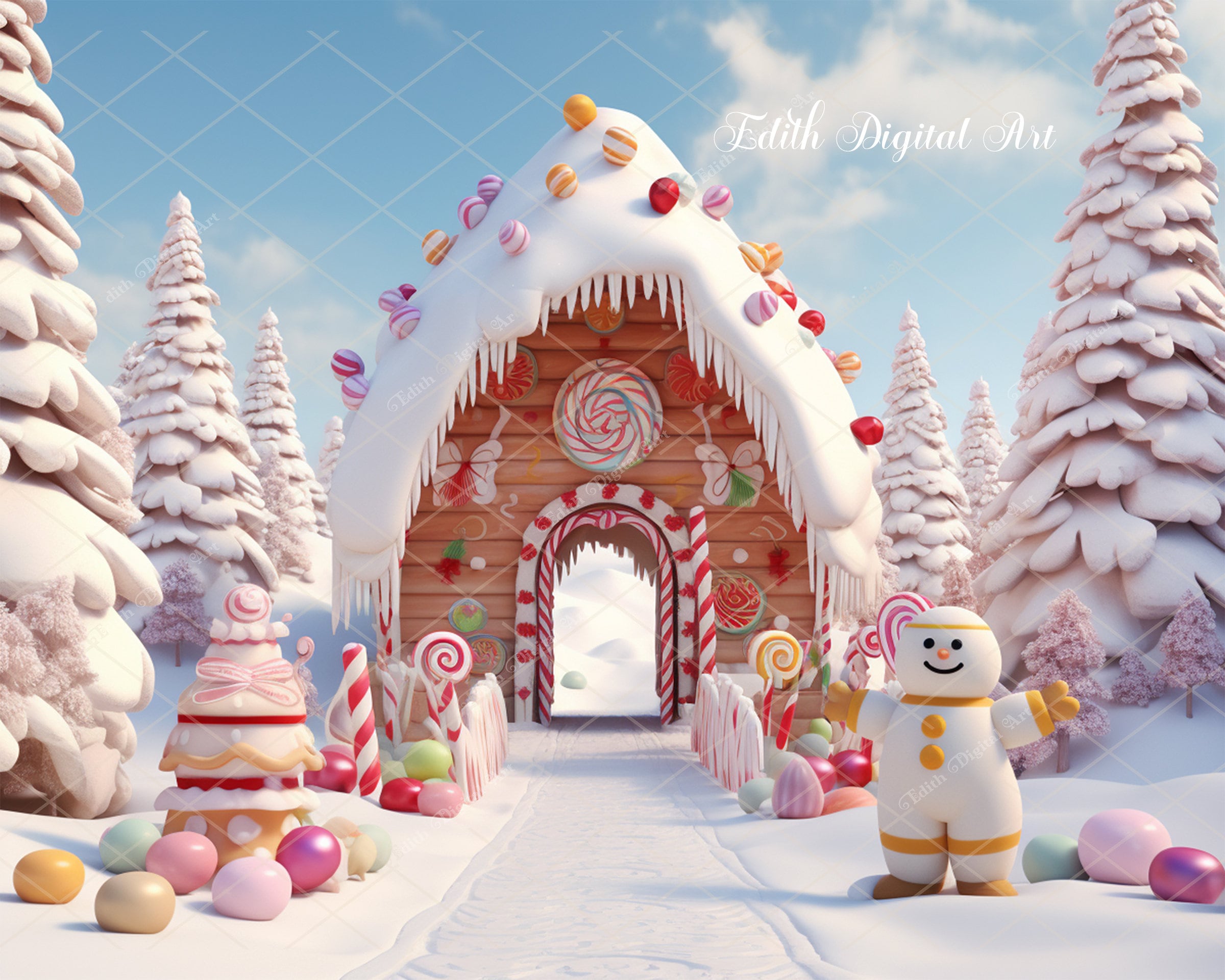 Weihnachtsdorf Fotohintergrund – 2,1x1,5 M, Vinyl, Rosa Lebkuchenmann-Design, Für Party & Fotoshooting