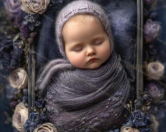 Face Insert Newborn Girl Backdrop Digital, Spring Vintage Floral Rustic Box, Baby Purple Moody Wrap,  Add Face Photoshop Composite. Download