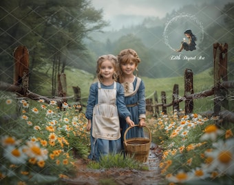 Spring Digital Backdrop, Farm Road Digital Background Photography Summer Floral Path, Creative Composite Images, Instant Download Photoshoot