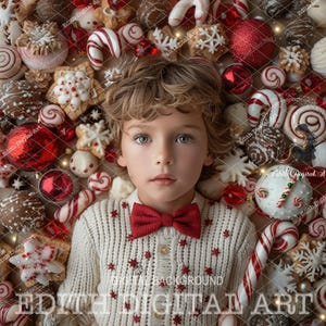 May include: A young boy wearing a white sweater with red stars and a red bow tie is surrounded by Christmas decorations. The decorations include candy canes, ornaments, cookies, and other festive treats.