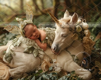 Pasgeboren digitale achtergrondfotografie, gezicht invoegen babyachtergrond, gezicht digitale foto prop composiet, Fairutale Fairy en Unicorn foto toevoegen