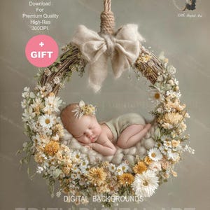 Newborn Digital Backdrop Swing, Ivory & Yellow Baby Girl Flower Hoop, Spring Floral Composite, Studio Background Photography.