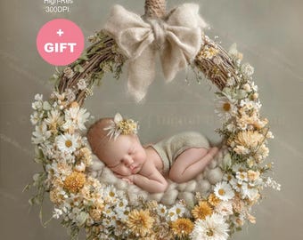Newborn Digital Backdrop Swing, Ivory & Yellow Baby Girl Flower Hoop, Spring Floral Composite, Studio Background Photography.
