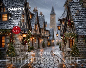 Christmas Digital Backdrop Photography, Enchanted Christmas North Pole Village Background for Kids, Toddlers, Including PNG Snow Overlay.