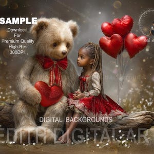 May include: A digital background featuring a teddy bear and a young girl sitting on a log. The bear holds a red heart, and the girl wears a red dress and holds heart-shaped balloons. The image includes the text "SAMPLE" and "DIGITAL BACKGROUNDS".