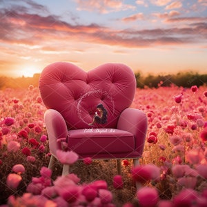 Valentines Digital Backdrop Photography, Dreamy Pink Floral Field for Valentines Outdoor Portrait Heart Chair For Maternity, Kids & Pets 2