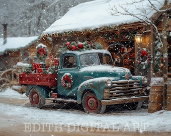 Christmas Truck Digital Backdrop Photography, Snow  Christmas Village, Snow Street, Green Red Vintage Truck Imagery + Free Snow Overlay