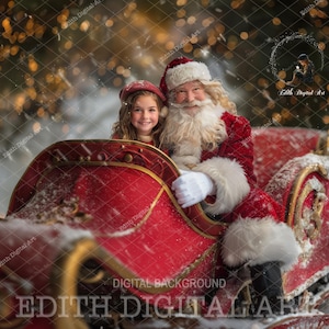 May include: A red sleigh with a white trim and gold accents. Santa Claus is sitting in the sleigh with a young girl. They are both smiling and looking at the camera. The background is a snowy forest with twinkling lights.