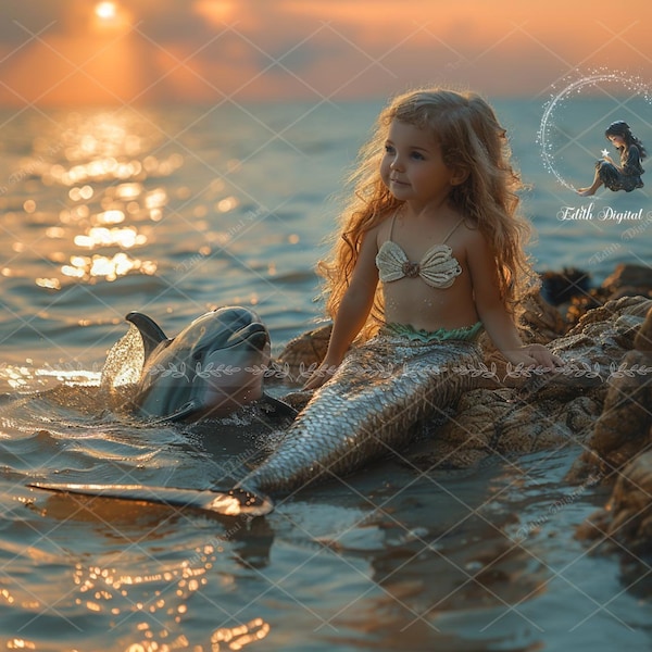 Mermaid Tail Digital Background for Photography, Ocean Digital Backdrop, Beach, Sea, Rock, Girl,  Creative Composite, Instant Download Photo