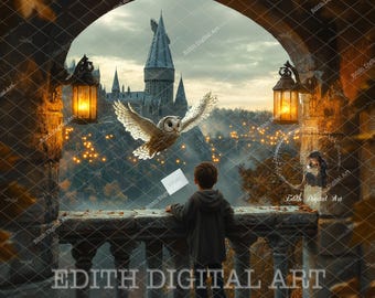 Wizard School Balcony Digital Backdrop, Magical Halloween Background Photography Composite, Wizard Owl, Children's Portrait Photo Download