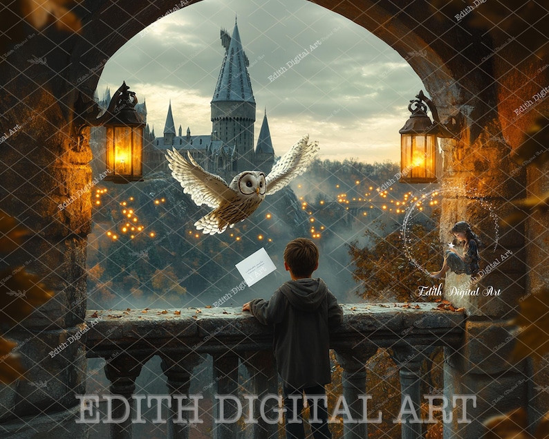 May include: A young person stands on a balcony overlooking a magical scene. A white owl flies through the air, and a castle with towers is in the distance. The scene is lit by glowing lights and a soft, hazy atmosphere.