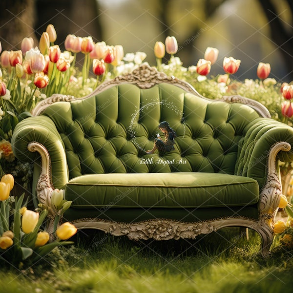 Chair Digital Backdrop Photography, Spring Blossom Background with Green Couch for Portrait Photoshoot Overlay Easter Tulips Garden Backdrop