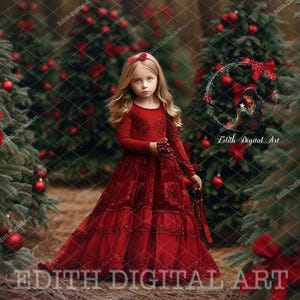 May include: A young girl in a red dress stands in a Christmas forest setting. She is surrounded by pine trees decorated with red ornaments. The girl is smiling and looking at the camera.