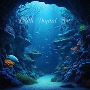 Fondo digital de sirena, composición fotográfica digital submarina, superposición de fondo de fantasía, descarga digital oceánica para imprimir.