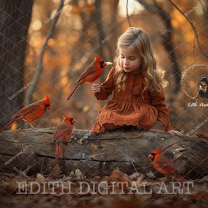 May include: A young person in an orange dress sits on a log with several red cardinals. One cardinal is perched on the person's hand. The scene is set in a forest with warm, autumnal colors. The text "EDITH DIGITAL ART" is at the bottom.
