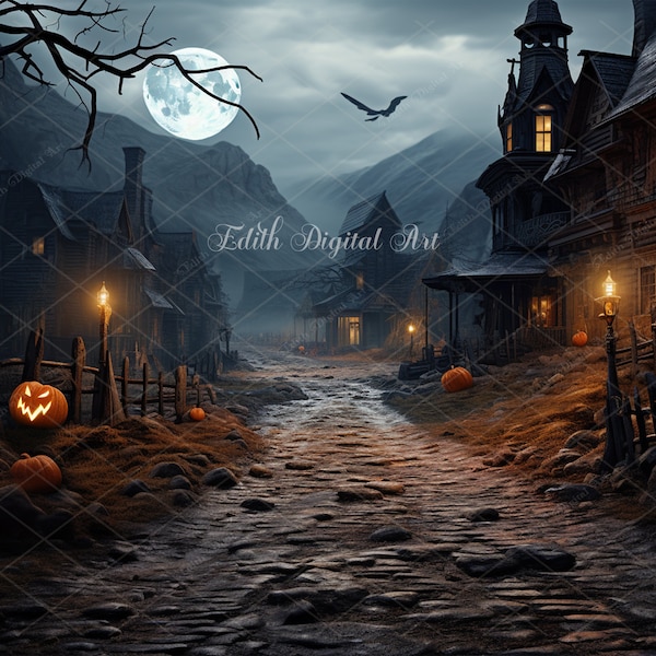 Halloween Village Backdrop Etsy