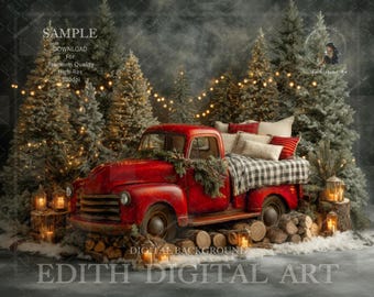 Vintage Christmas Truck and Xmas Pine Trees Digital Background Composite For Family, Kids & Pets, Rustic  Photo Studio Scene  + Snow Overlay