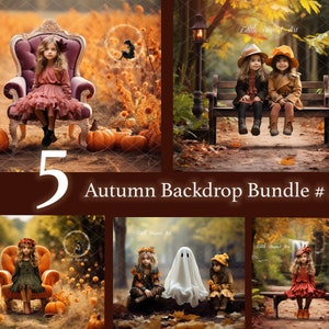 5 Autumn Digital Backgrounds Bundle, Fall Digital Backdrops, Outdoor Photography Photoshoot, Autumn Harvest Pumpkings on Field  With Chair