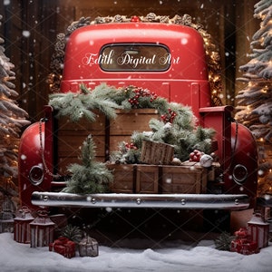 Christmas Red Truck Backdrop Digital Background Photography Composite for Christmas Outdoor Portrait of Family, Kids, Pets, Vintage Overlay.