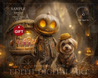 Pets Halloween Digital Backdrop, Fall Rustic Candy Cart With Jack O Lantern & Free Dog Hat, Autumn Puppy and Cats Photo Composites Download