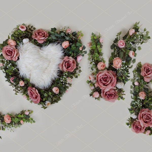 Valentines Newborn Digital Backdrop, Photography Composite Newborn Background, Pink Love Flowers Sign Baby Girl  Backdrop.