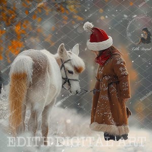 Forêt hivernale enchantée, toile de fond numérique cheval blanc, portrait d'enfants magique, photographie composite d'enfants en plein air. + Enneigement gratuit