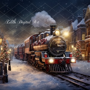 Polar Express Weihnachten Digitaler Hintergrund für Kinder, Weihnachten Zug Fotografie Verbundstoff, Schnee Winterdorf, Nordpol Zug Overlay 3
