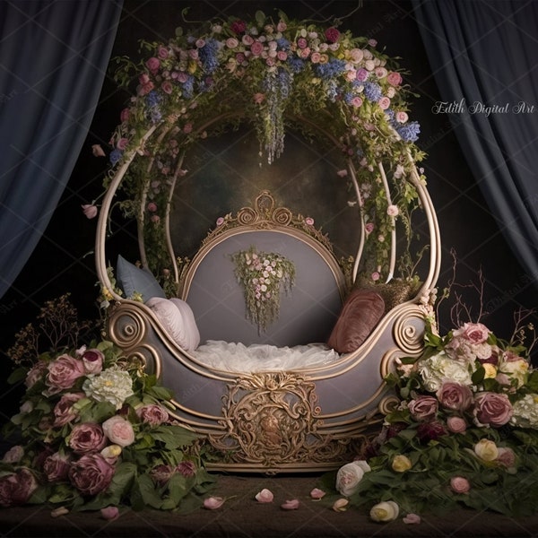 Newborn Digital Backdrop, Floral Baby Crib Background, Newborn Composite Photography, Princess Bed for Baby Girl Download Floral Bed Overlay