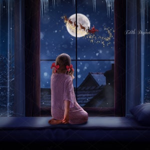 Fundo digital de Natal, janela de Natal com Papai Noel na lua, fotografia de cena de Natal composta no Photoshop para crianças