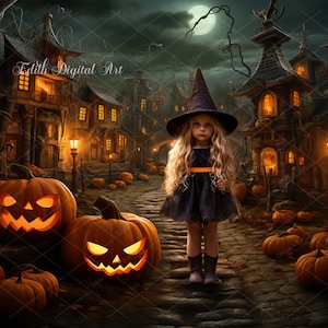 Halloween Digital Backdrop Photography, Autumn Path Overlay with Pumpkins, Halloween Digital Background Composite, Scary Village Template