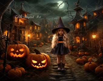 Halloween Digital Backdrop Photography, Autumn Path Overlay with Pumpkins, Halloween Digital Background Composite, Scary Village Template