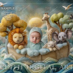 May include: A digital backdrop showing a baby in a boat surrounded by soft toy animals: a lion, giraffe, elephant, and rabbit. The scene has a dreamy quality, with the text "DIGITAL BACKGROUND" and "EDITH DIGITAL ART".