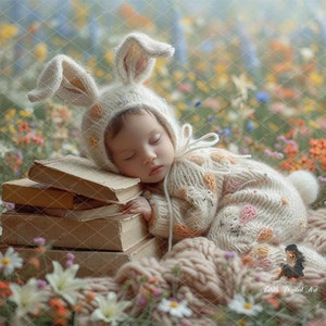 Easter Bunny Newborn Background Photography, Newborn Digital Backdrop Composite, Newborn Rabbit at Floral Spring Blossom Fiel Digital Prop