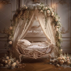 Newborn Digital Bed with Floral Arch, Newborn Digital Background, Floral Crib, Newborn Composite Photography Studio, Spring Digital Photo