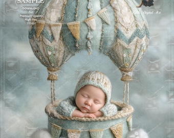Newborn Digital Backdrop, Hot Air Ballon With Clouds for Baby Boy Photography Prop and Pets Portrait, Fine Art Photo Composite Background.