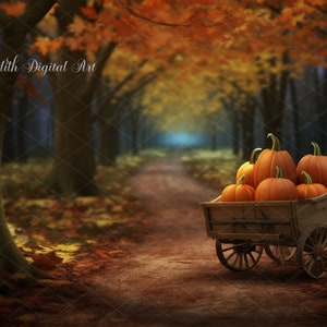 Fall Digital Background,  Carriage With Pumpkin at Autumn Forest, Fall Backdrop Overlay, Pupmkin Patch, Pumpking Harvest Composite Overlay