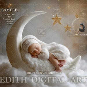 Newborn Digital Backdrop, White Crescent Moon Prop Digital For Baby Photos, Fine Art Portrait, Boy or Girl, Composite Photography Background