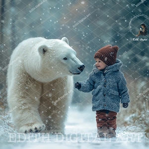 Polar Bear Digital Backdrop Photography, Snow Winter Woodlands Road, Bear Composite, Fantasy  Outdoors Kids Portrait + Free Snow Overlay