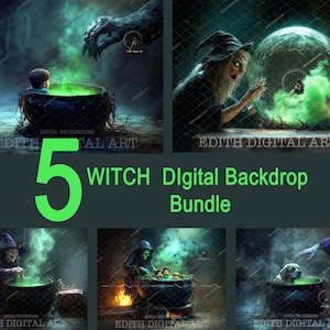 May include: A digital backdrop bundle featuring five different witch-themed scenes. The scenes include a cauldron with green smoke, a witch with a crystal ball, a witch with a cauldron, a witch with a cauldron and a child, and a dog with a cauldron.