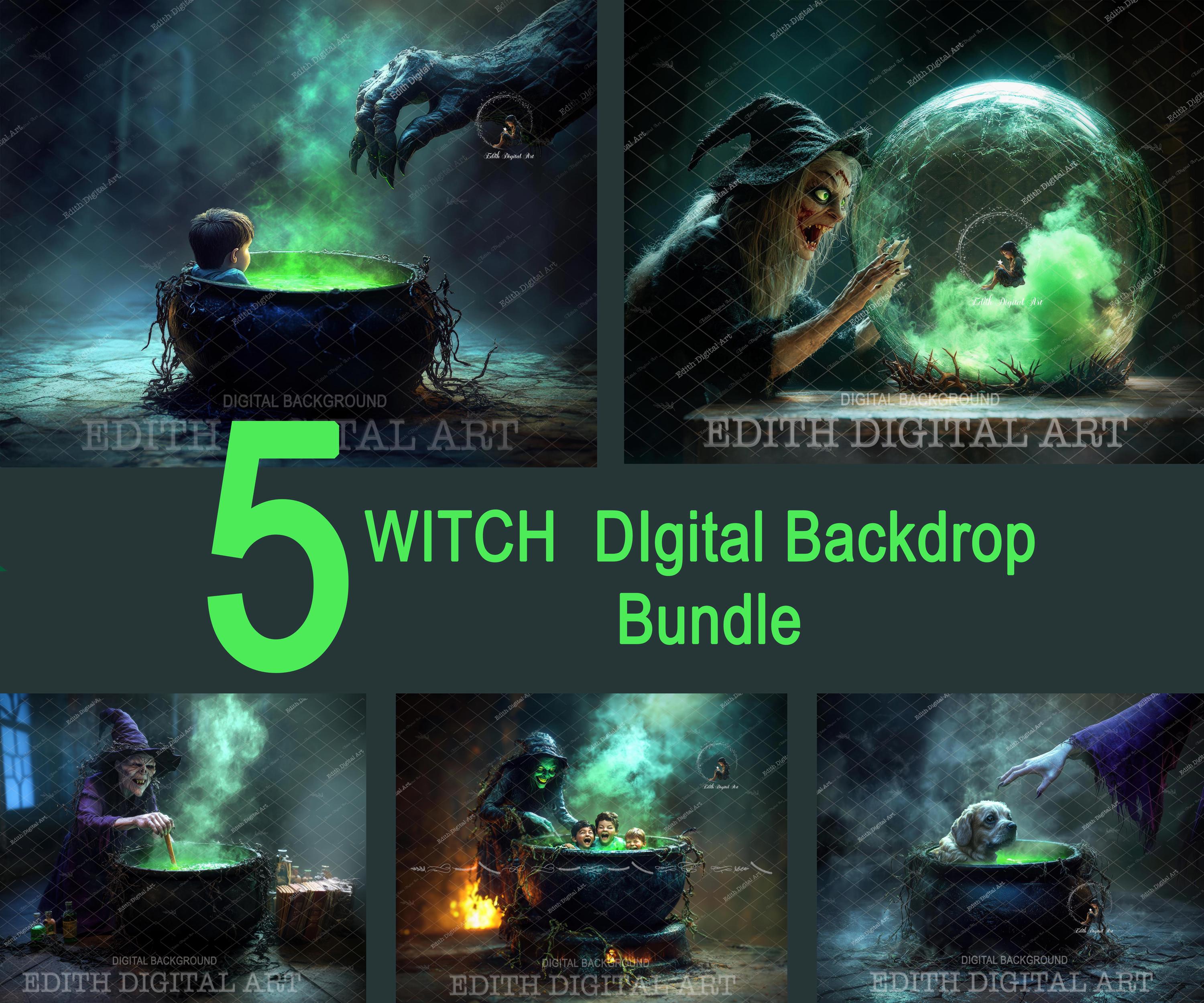 5 Witch FHalloween Digital Backdrop Bundle, Witch Cauldron, Witch Brew, Halloween Kitchen, Fun Kids & Pets Halloween Portraits, Downloadable