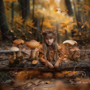 Betoverd herfstbos digitale achtergrond voor fotografie composieten, herfst magisch bos, sprookje, mashrooms, log, buitenportretten.