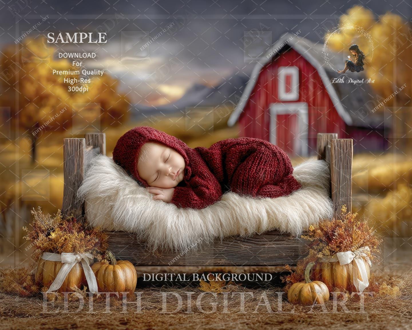 Rustic Fall Backdrop Rustic Fall Newborn Digital Backdrop, Red Barn and Pumpkins Outdoor Bed ...