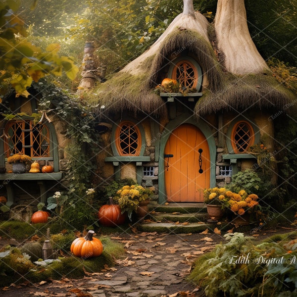 Autumn Backdrop, Fall Background Cottage Photography Composite with Pumpkins on Road, Fantasy Autumn Outdoor Digital Background House