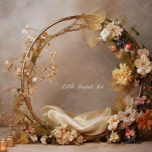 Floral Hoop Digital Backdrop Photography for Newborn Composite, Newborn Digital Background for Baby Girl,  Yellow Flowered Overlay Ring 2