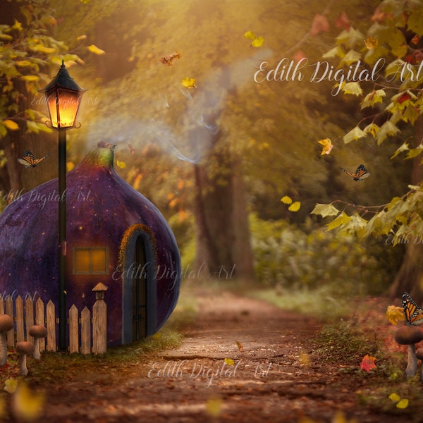 Enchanted Fairytale Forest Background, Autumn Magic Forest, Fall Fantasy Forest for Children Composite. Kids Digital Magic Fairy House.