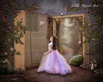 Fairytale Digital Backdrop for kids, Enchanted Background for Toddler, Princess Photography Composite for Children, Spring Photoshop Overlay