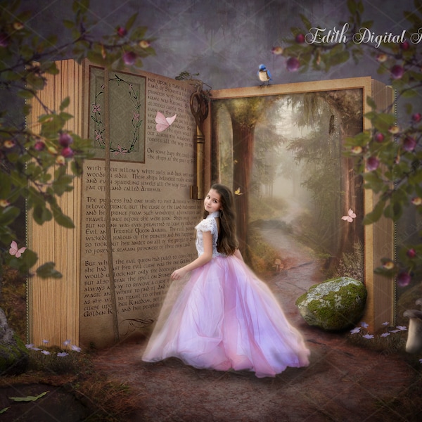 Digital Backgrounds for Photography, Fairytale Digital Background, Princess Fairy Backdrop, Enchanted Book in Forest, Photoshop Composite.