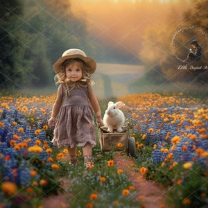 Dreamy Wildflowers Field. Spring Digital Backdrop Photography Digital Background Composite, Spring Meadow Road Studio Outdoor Portrait Photo