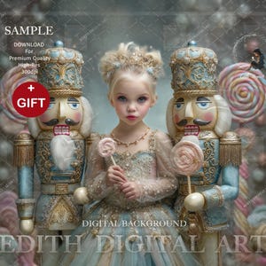 May include: A digital background featuring a young girl in a blue and gold dress, holding a lollipop, flanked by two ornate nutcracker figures. The background includes large lollipops and the text "EDITH DIGITAL ART".