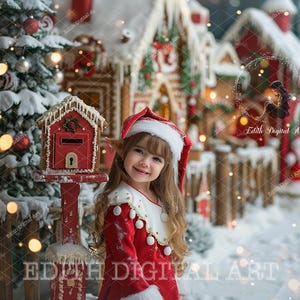 Photographie numérique de toile de fond de boîte aux lettres de Noël, village de Noël, rue enneigée, maison en pain d'épice, sapin de Noël enneigé, vacances, effet bokeh, festif